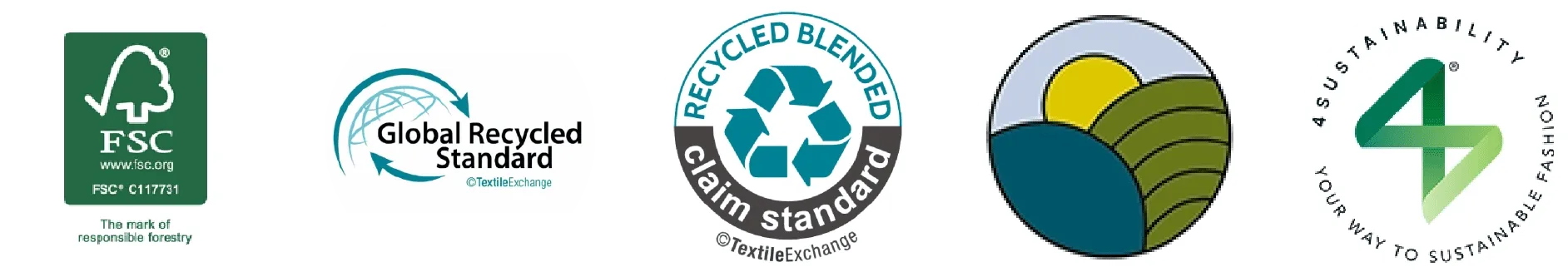 FSC, Global Recycled Standard, Recycled Blended, Rainforest Alliance and 4sustainability certifications